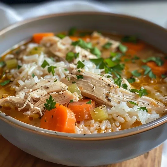A detailed side view of chicken and rice soup, showcasing tender chicken, rice, and assorted vegetables.