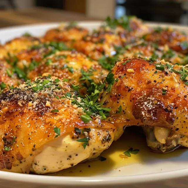 Deliciously roasted chicken thighs with a crispy crust and garlic aroma.