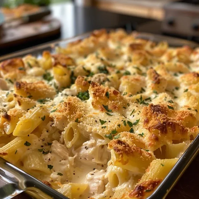 Deliciously garnished chicken Alfredo bake with a golden cheese crust.
