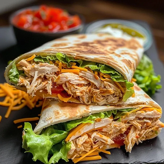 Side view of a Healthy Chicken Crunch Wrap, packed with shredded chicken, cheese, and vibrant garnishes.