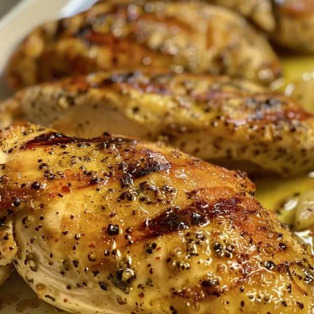 Appetizing grilled chicken breast glistening with honey mustard and spices.