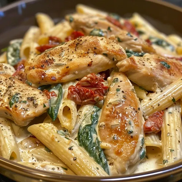 An appetizing display of Tuscan garlic chicken pasta, featuring fresh spinach and Parmesan cheese.