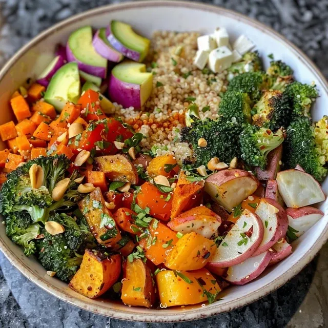 Side view of a colorful quinoa bowl filled with fresh veggies and toppings.