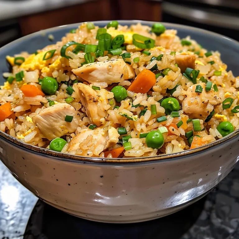 Detailed shot of chicken fried rice, featuring peas, carrots, and a sprinkle of sesame oil.
