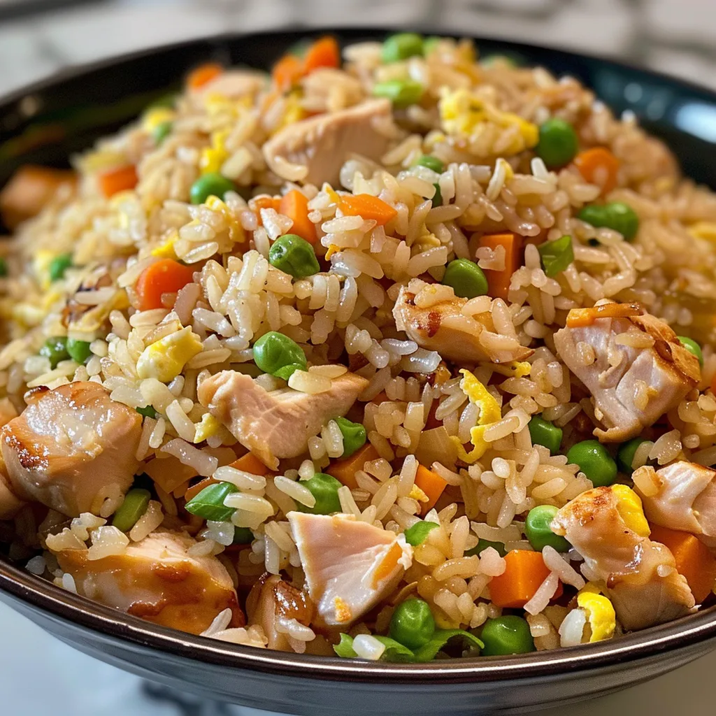Close-up image of a vibrant chicken fried rice dish prepared with fresh ingredients.