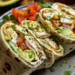 A tasty avocado ranch chicken burrito wrap filled with fresh ingredients and garnished with cilantro.