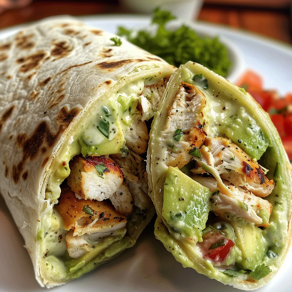 Juicy burrito wrap showcasing sliced avocado, shredded chicken, and vibrant veggies.