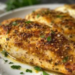 Delicious baked ranch chicken breast on a plate, showcasing its golden crust.
