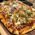 Delicious BBQ Chicken Flatbread Pizza showcasing shredded chicken, cheese, and fresh ingredients.