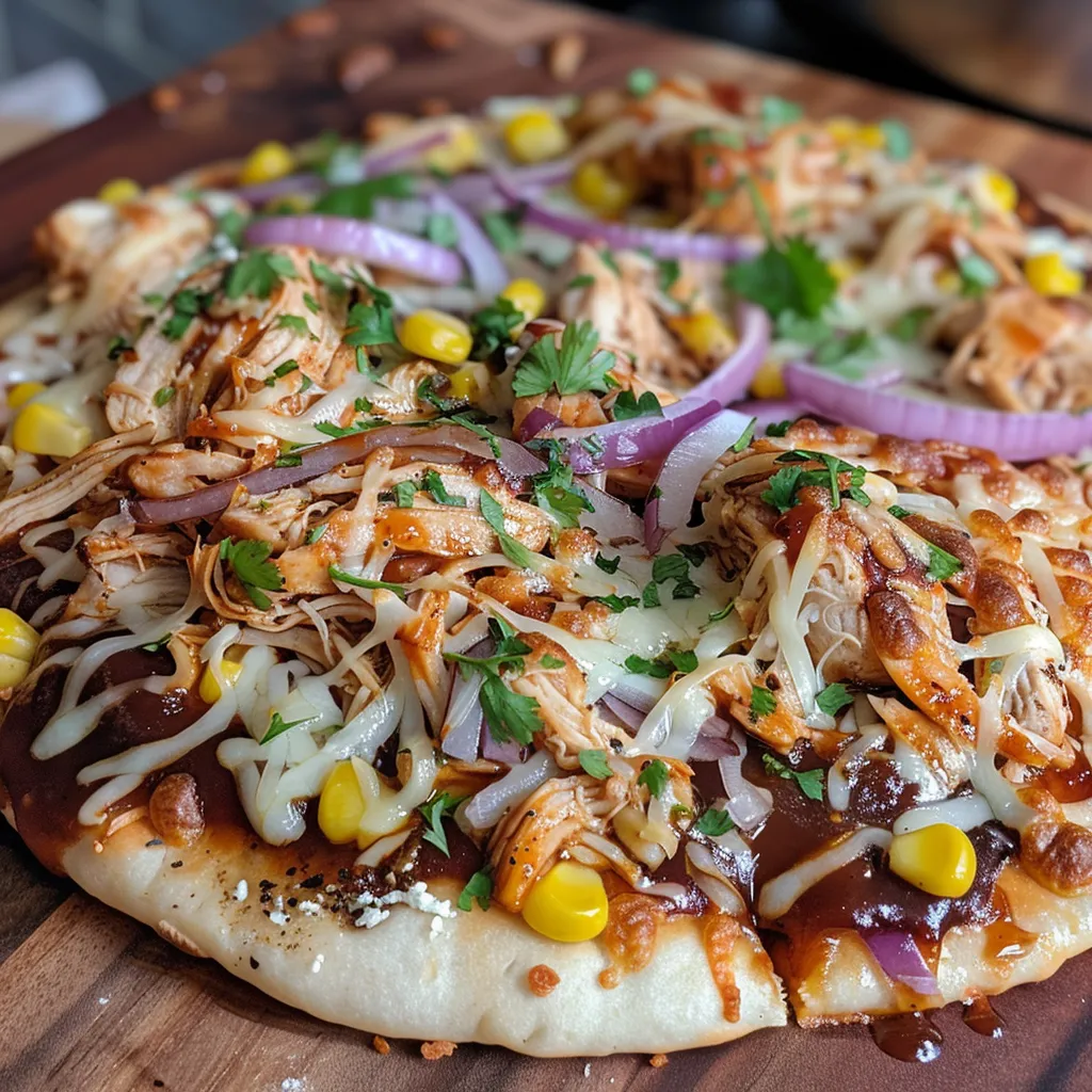 Mouthwatering BBQ Chicken Flatbread Pizza displayed with vibrant toppings for an appetizing look.