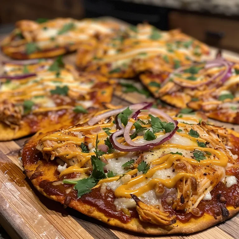 Detailed image of a BBQ Chicken Flatbread Pizza topped with cilantro and cheese.