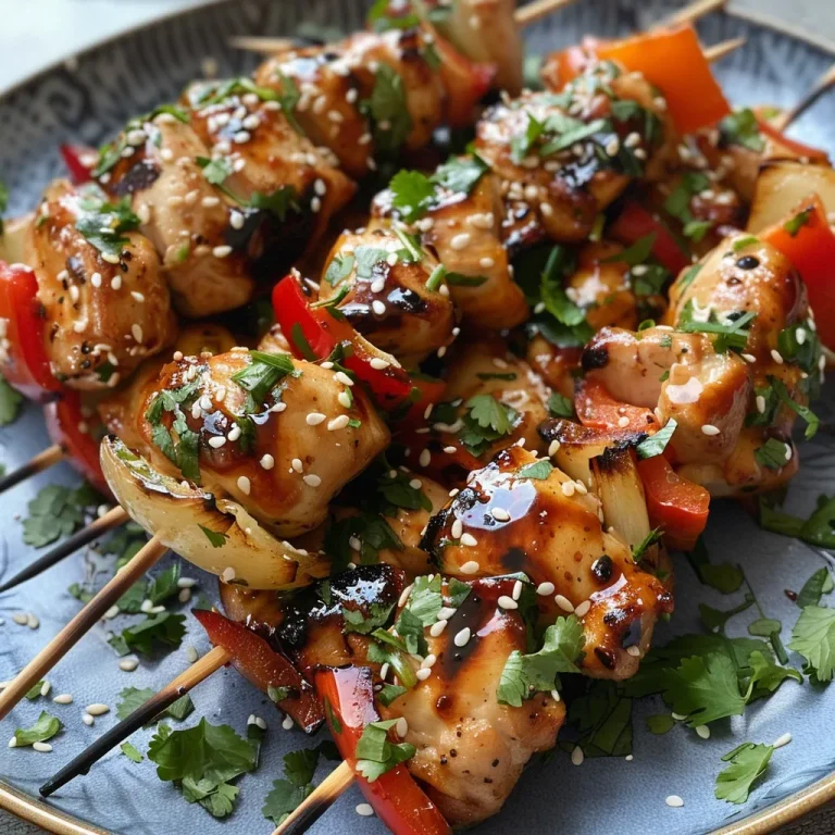 Deliciously glazed BBQ chicken skewers arranged neatly with fresh herbs and spices.