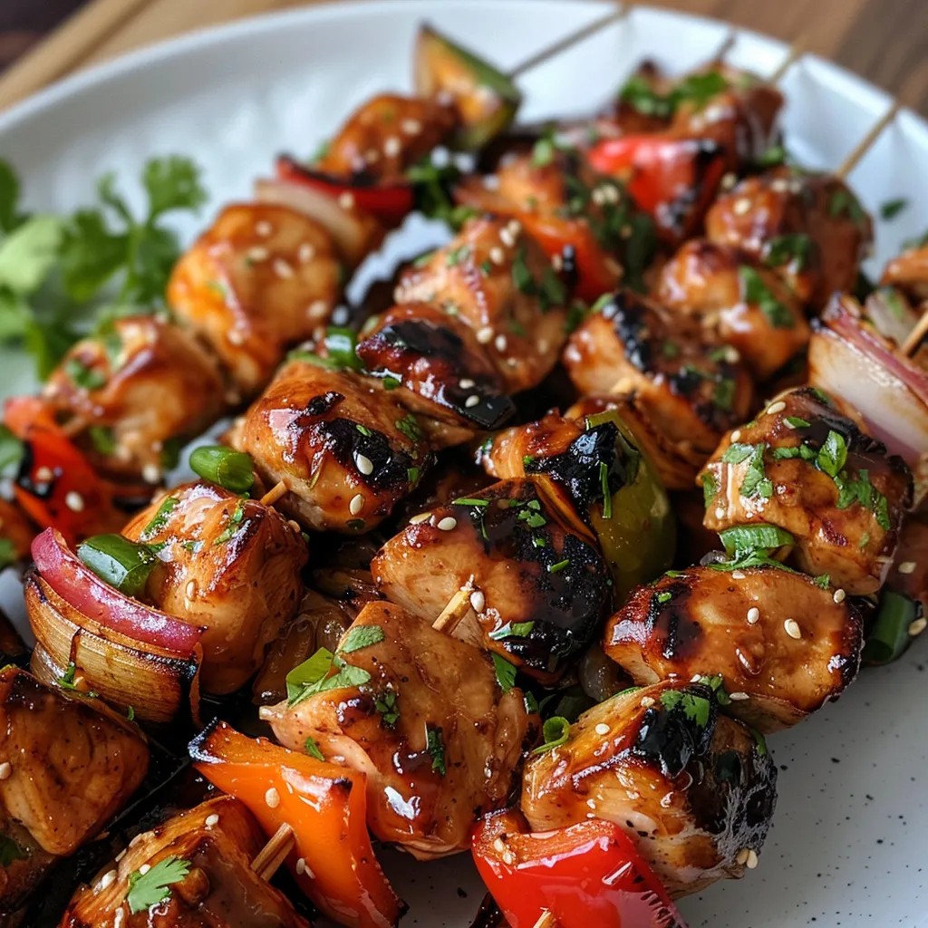 A vibrant display of grilled chicken skewers, revealing their juicy texture and bright vegetable chunks.