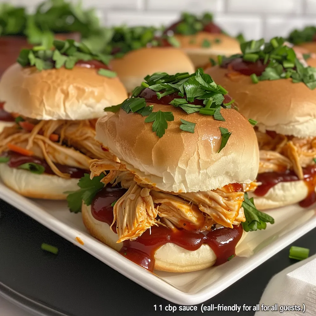 Appetizing BBQ chicken sliders stacked on a plate, highlighting the layers of chicken, sauce, and toasted buns.