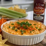 Creamy and spicy Buffalo Chicken Dip served with celery and carrot sticks.