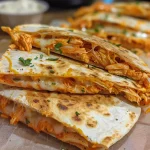 Juicy Buffalo Chicken Quesadillas on a plate, highlighting the oozy cheese and vibrant red sauce.