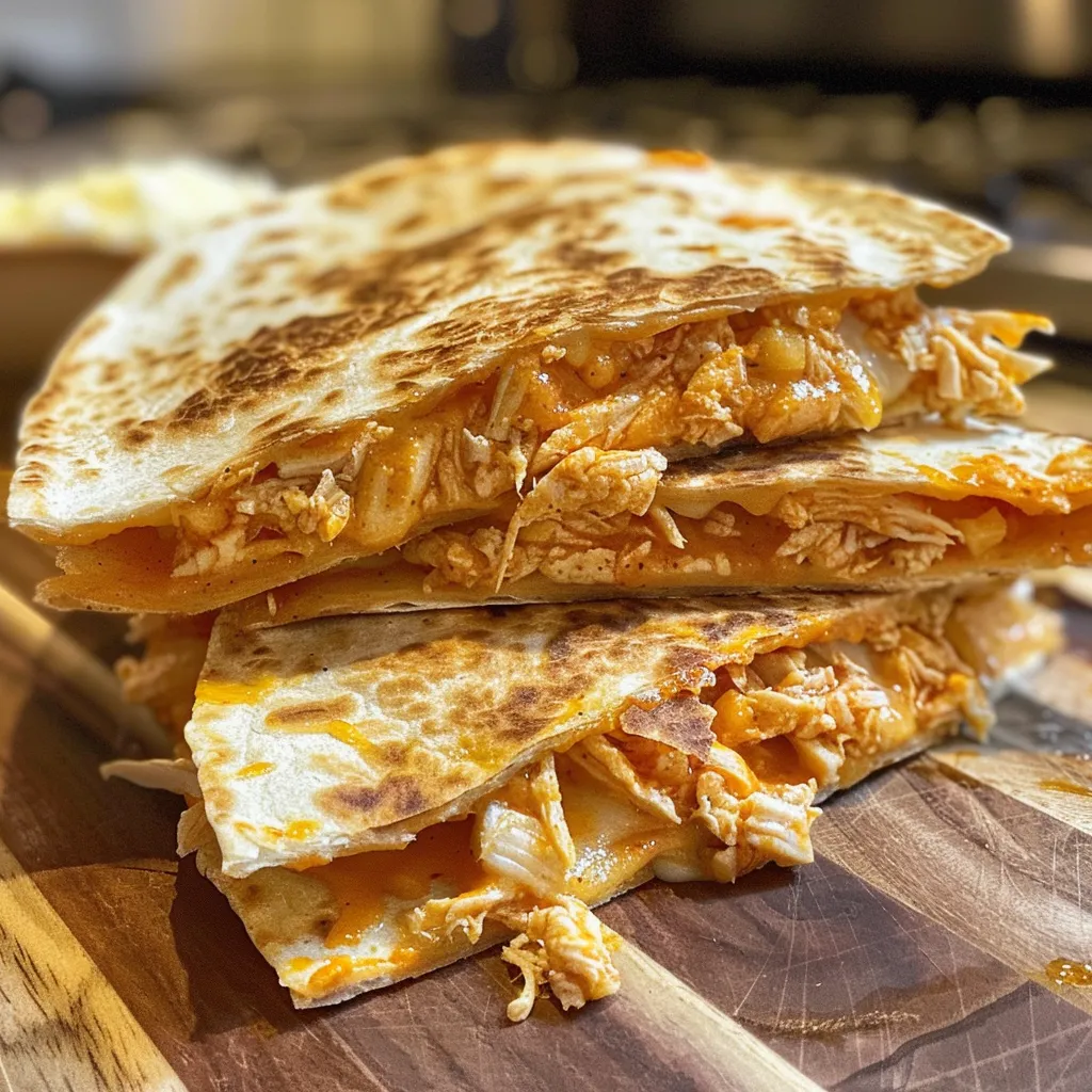 Appetizing Buffalo chicken quesadilla on a plate, showcasing golden-brown tortillas and drizzled sauce.