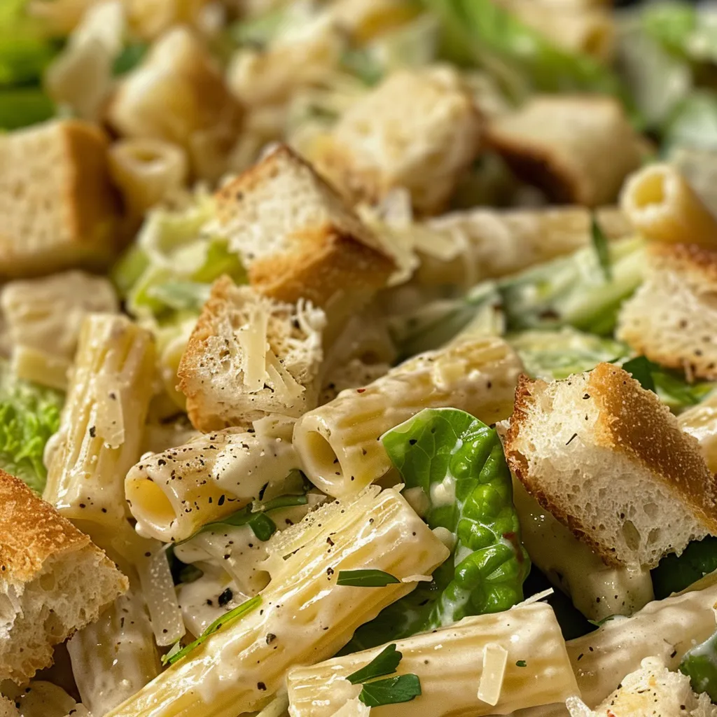 A close-up of Caesar Pasta Salad highlighting the creamy dressing and fresh vegetables.