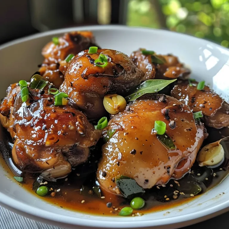 Detailed shot of Chicken Adobo, featuring vibrant ingredients.
