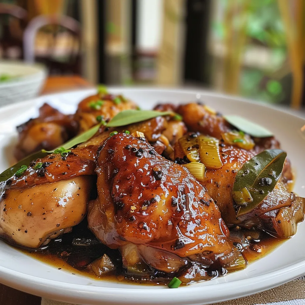 Appetizing close-up of Chicken Adobo served in a bowl.