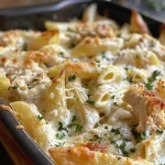 Juicy Chicken Alfredo Pasta Bake with golden cheese crust and garnished with parsley.