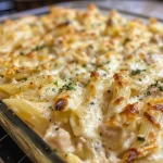 Detailed view of Chicken Alfredo Pasta Bake highlighting shredded chicken and parsley garnish.