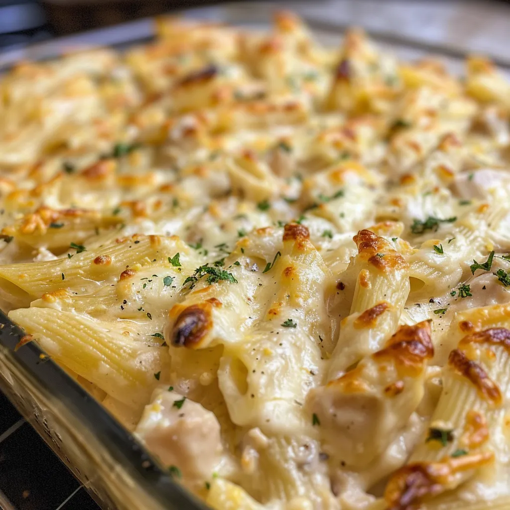 Tasty Chicken Alfredo Pasta Bake served in a baking dish, highlighting the pasta and sauce.