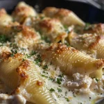 Side perspective of stuffed pasta shells filled with chicken and Alfredo sauce.