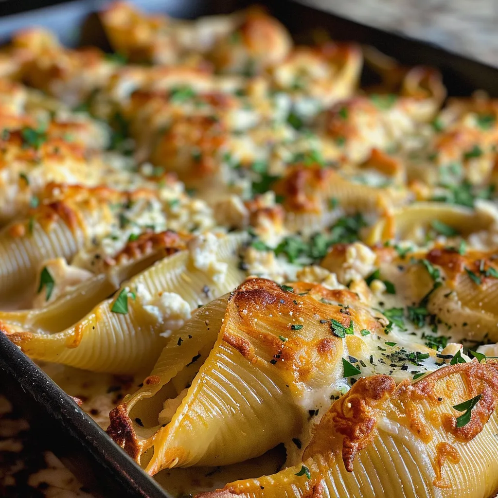 Gourmet presentation of Chicken Alfredo Stuffed Shells garnished with fresh parsley.