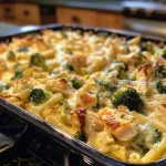 Juicy Chicken and Broccoli Alfredo Bake featuring pasta and broccoli florets.