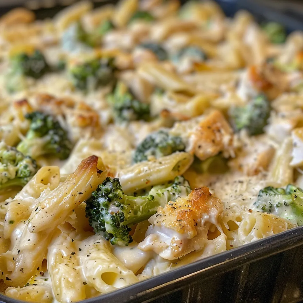 Deliciously baked Chicken and Broccoli Alfredo with a golden cheese crust.
