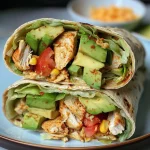 Side angle of a Chicken Avocado Ranch Burrito filled with chicken and avocado.