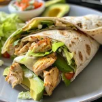 Detailed close-up of a Chicken Avocado Ranch Burrito with toppings visible.