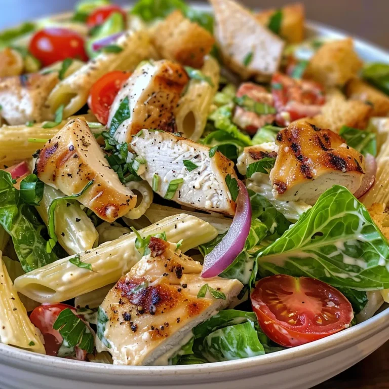 A detailed shot of Chicken Caesar Pasta Salad, showcasing ingredients like chicken and croutons mixed with dressing.