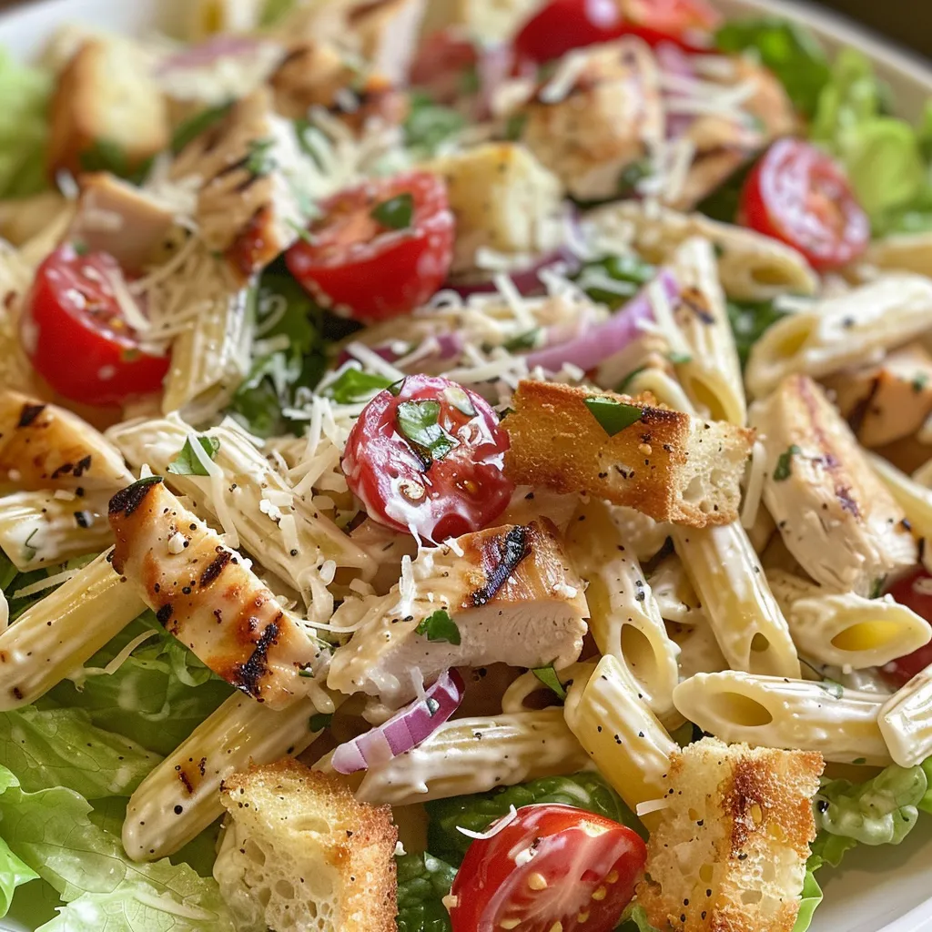 A mouthwatering Chicken Caesar Pasta Salad presented in a bowl, highlighting the creamy dressing and Parmesan.