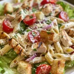 Colorful Chicken Caesar Pasta Salad showcasing fresh ingredients, including chicken and dressing.