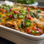 Juicy Chicken Enchilada Casserole presented in a dish, showcasing layers and garnishes.