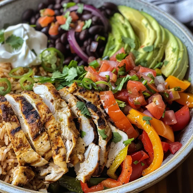 Juicy Chicken Fajita Burrito Bowl with layers of cilantro lime rice, sliced onions, and optional toppings.