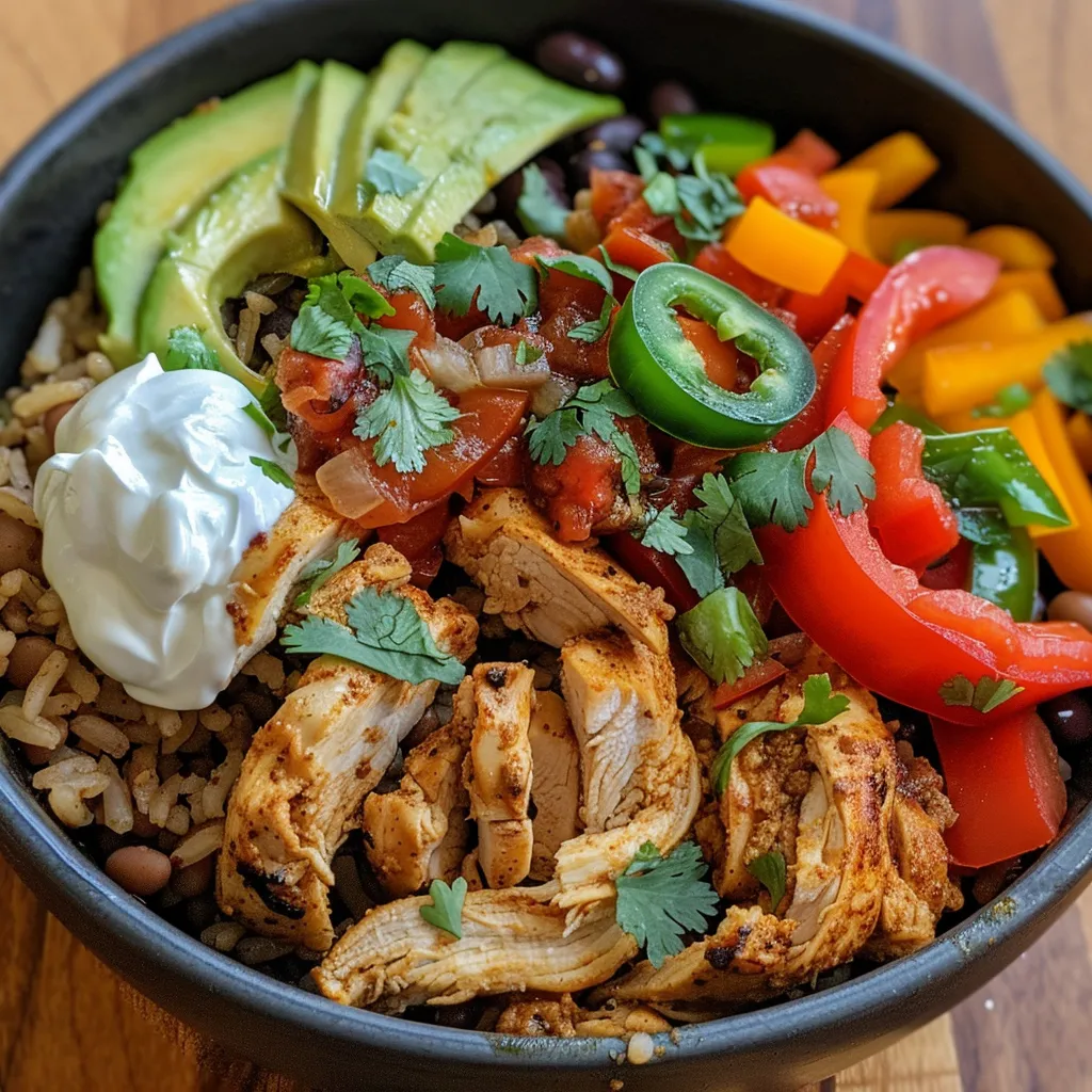 Detailed view of a Chicken Fajita Burrito Bowl featuring well-seasoned chicken, black beans, and garnishes.