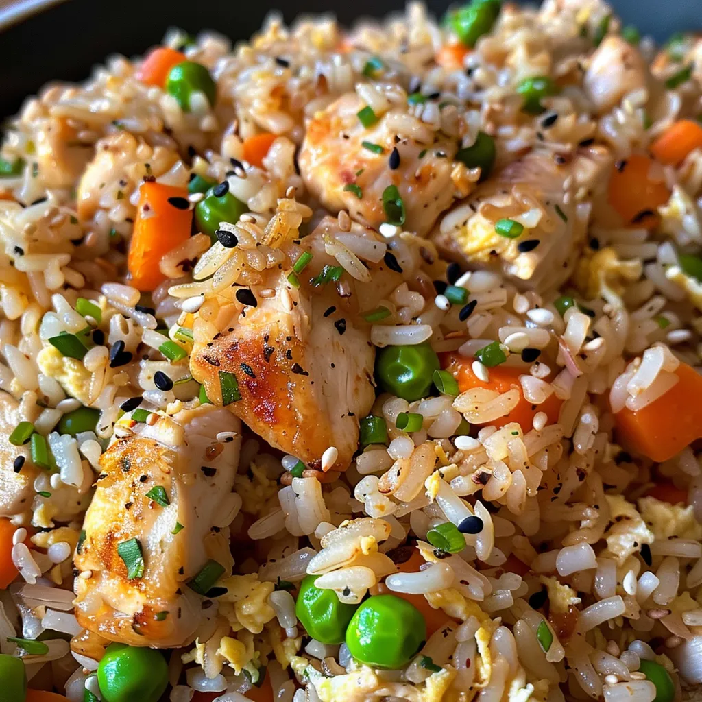 Delicious chicken fried rice showcasing diced chicken, vegetables, and a glossy sauce.