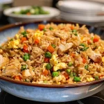 A delicious serving of chicken fried rice with a glossy appearance and garnished.