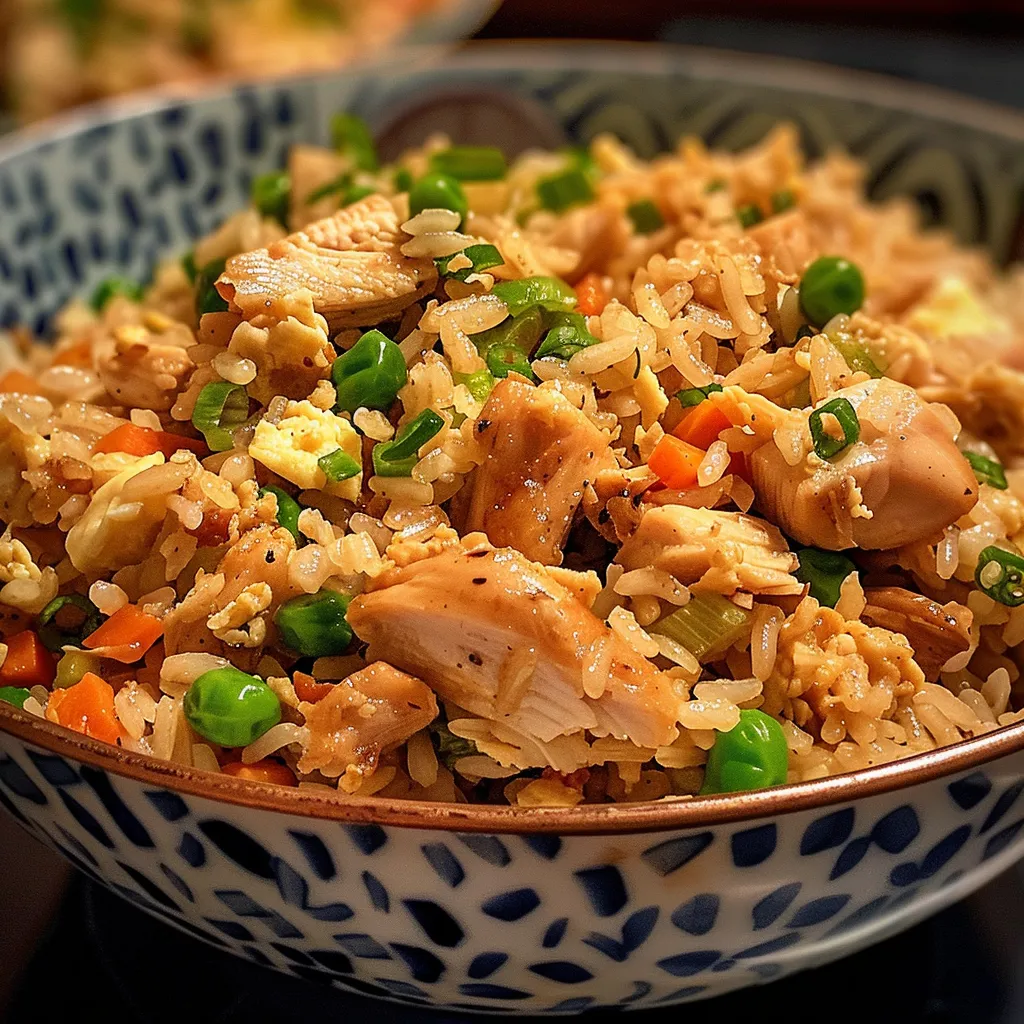 Detailed shot of hearty chicken fried rice complemented by eggs and garlic.