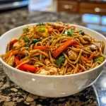 Juicy Chicken Lo Mein with bell peppers and carrots, displayed in an appetizing presentation.