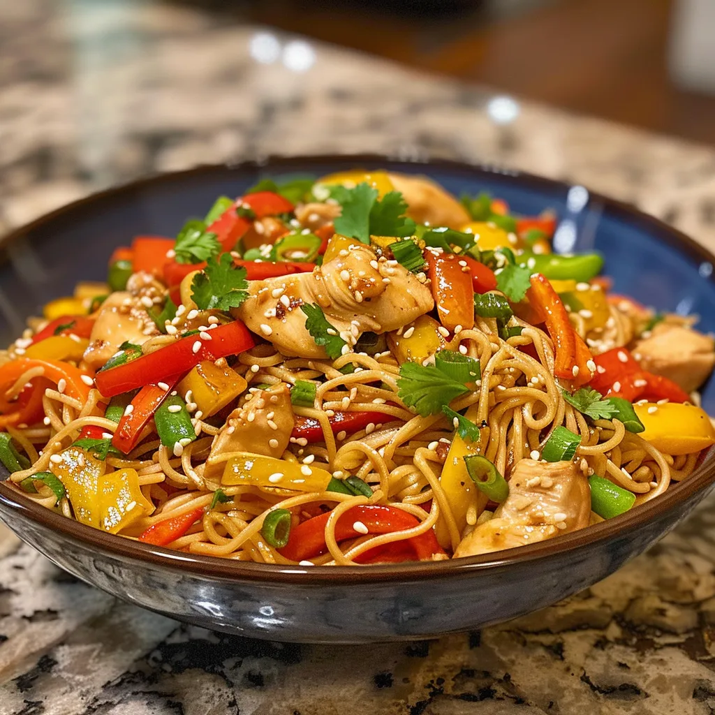 A detailed shot of Chicken Lo Mein, showcasing the noodles and vegetables in a flavorful stir-fry.