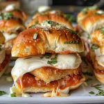 Side view of mini Chicken Parmesan sandwiches featuring layers of cheese and chicken.