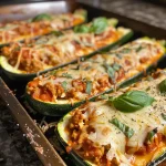 Side view of zucchini boats stuffed with ground chicken, pasta sauce, and grated cheese, fresh from the oven.