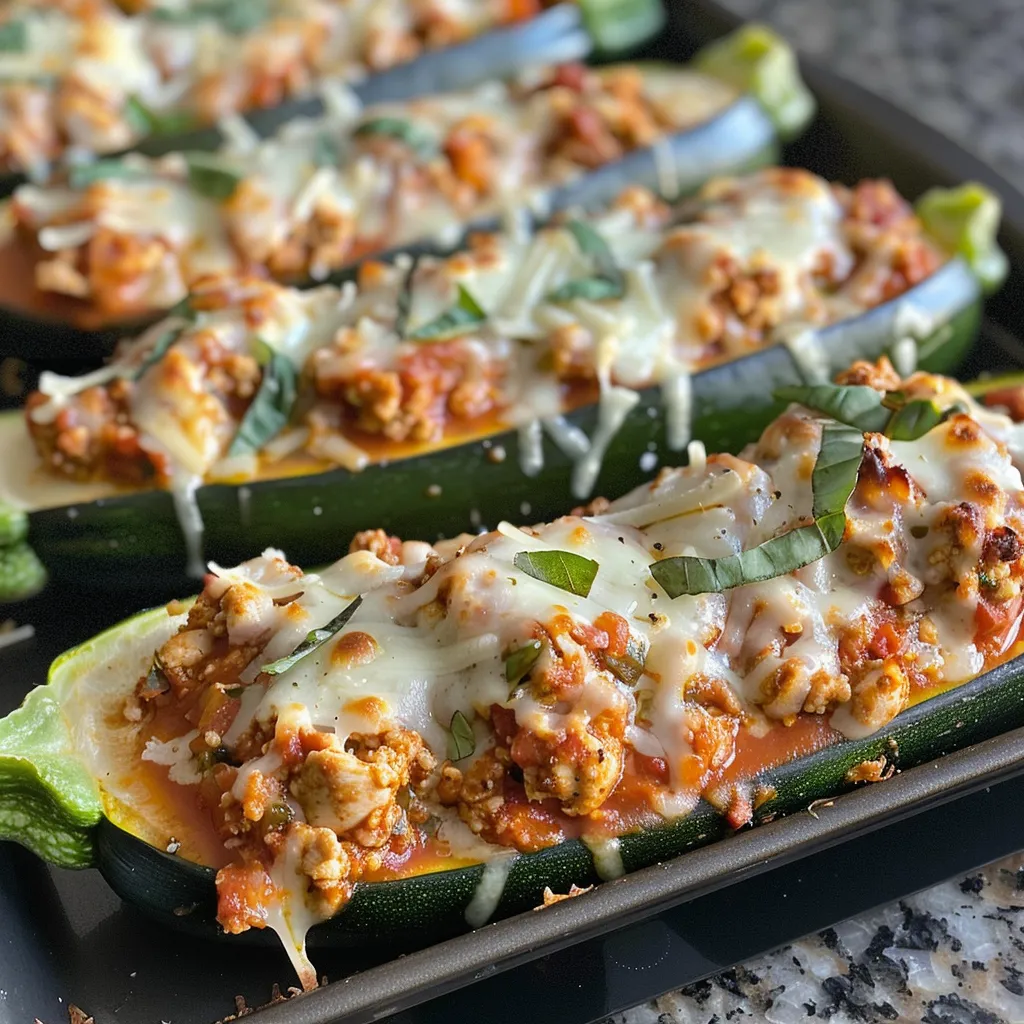 Deliciously roasted zucchini halves filled with savory chicken and a blend of cheeses.