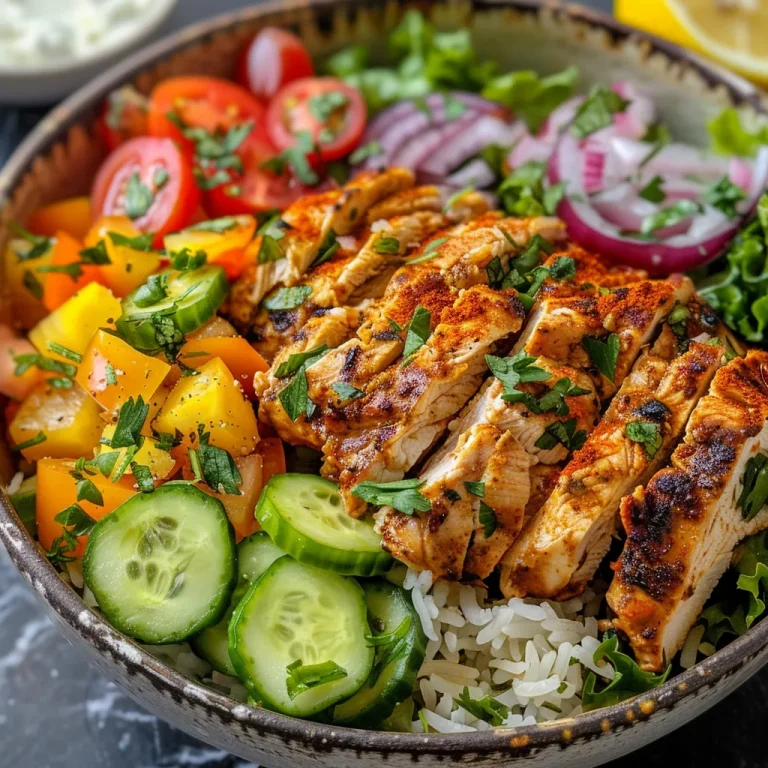 A Chicken Shawarma Bowl featuring marinated chicken, greens, and vibrant diced vegetables.