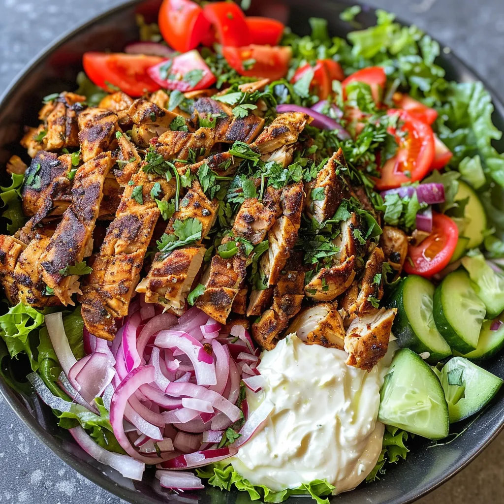 Side view of a delicious Chicken Shawarma Bowl showcasing layers of protein and fresh ingredients.