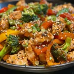 Delicious chicken stir-fry presented with fresh vegetables and garnished with sesame seeds.